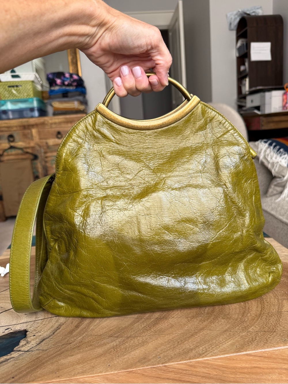 HOBO Olive Green Leather Bag with Brass Top Handle - Picture 4 of 14